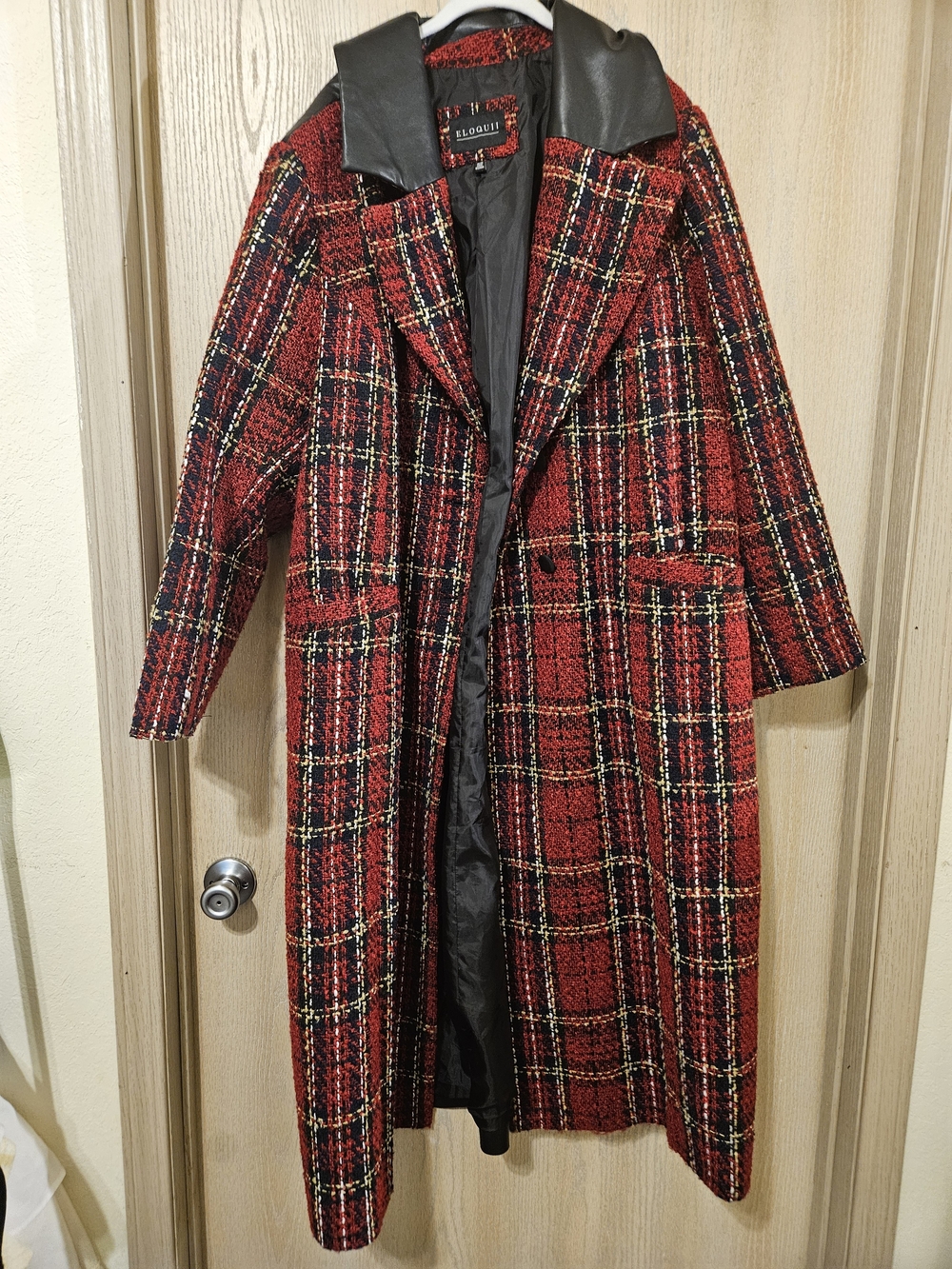 Eloquii Red Plaid Long Coat with Vegan Leather Collar
